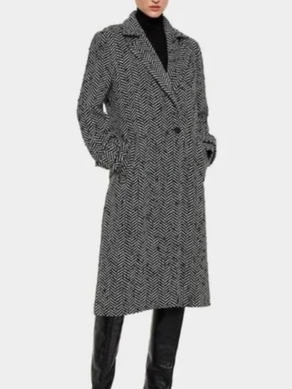 Zara Black & White Herringbone Long Trench Coat Woman’s Size Medium